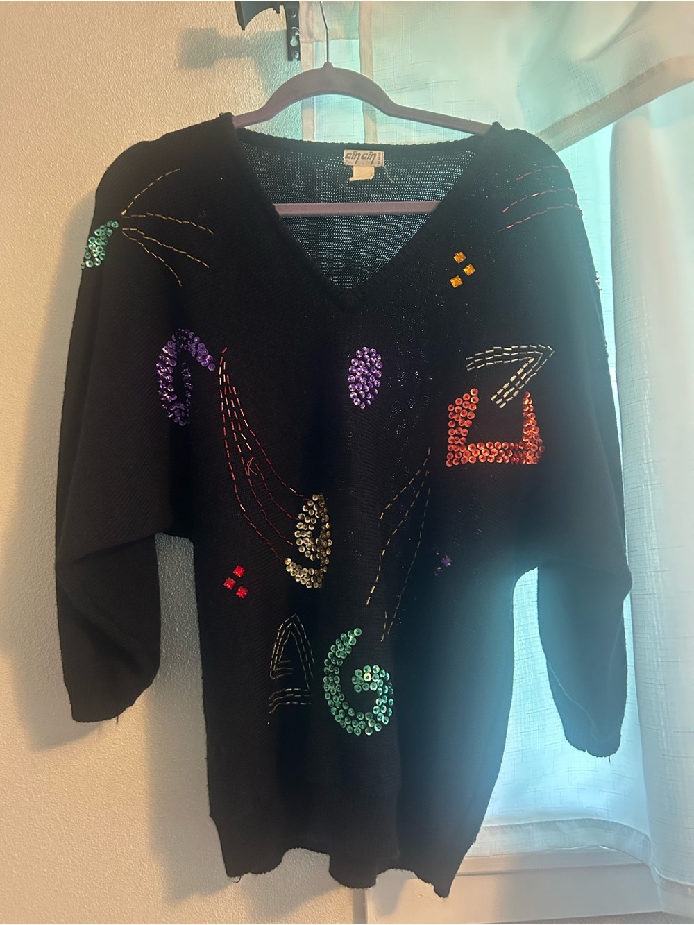 Vintage Sweater, Embellished Black V-Neck Sweater by Enyce